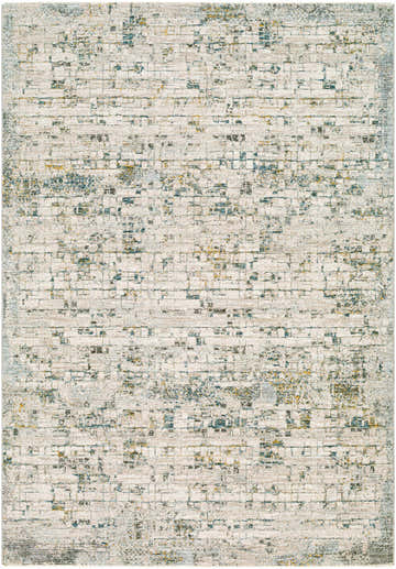 Close-up of the Chaka Textured Rug. Contemporary design in off white, teal, and mustard colors. Machine woven polyester rug. Design-Rectangle-575