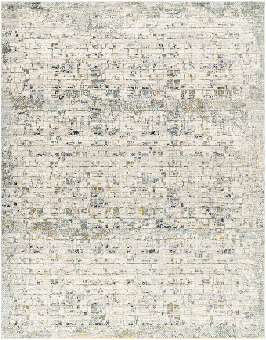 Close-up of the Chaka Textured Rug with Fringes. Off-white rug with a contemporary, distressed geometric pattern in gray, blue, and mustard. Design-Rectangle-710103
