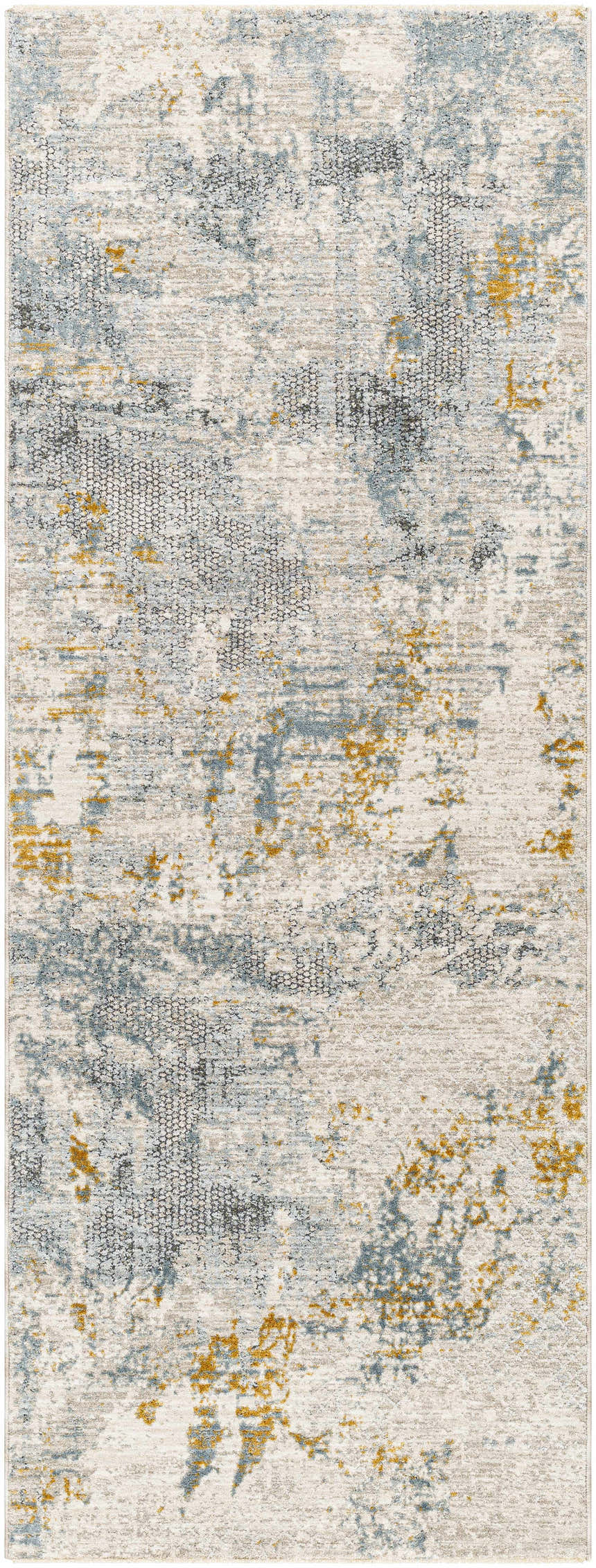 Close-up of the Chaya Textured Abstract Rug. Features dusty sage, ink blue, mustard, and gray hues in a contemporary design. Design-Runner-2710