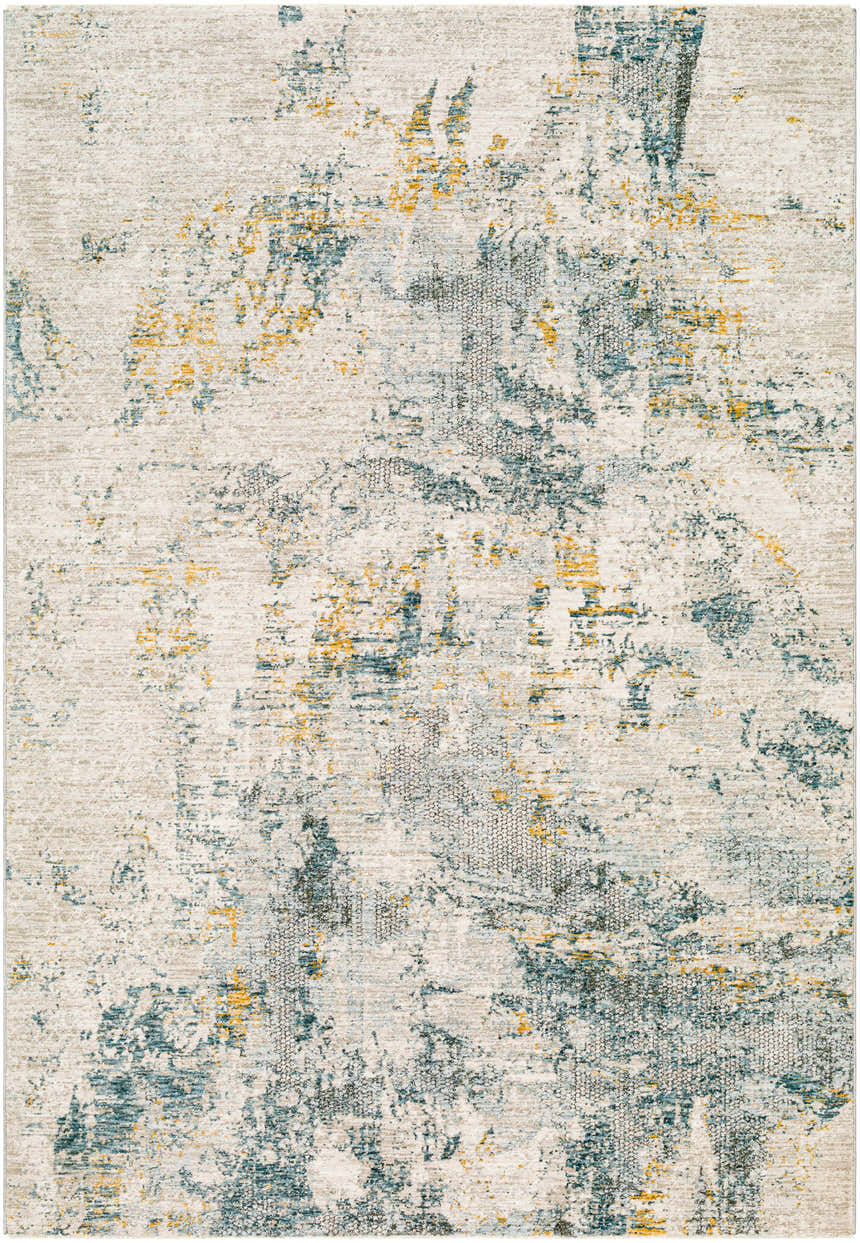 Close-up of the Chaya Textured Abstract Rug. Features dusty sage, ink blue, mustard, and off-white hues in a contemporary design. Design-Rectangle-575