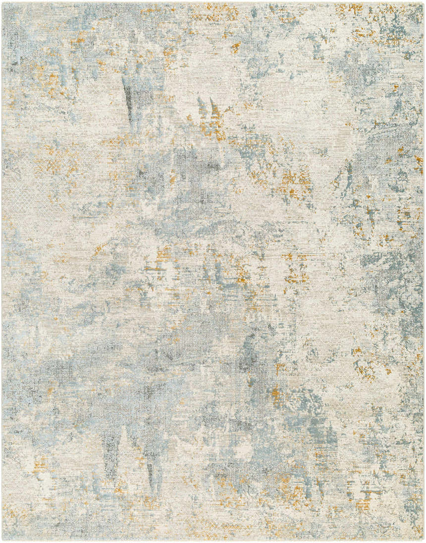 Close-up of the Chaya Textured Abstract Rug. Features a distressed pattern in off-white, blue, gray, and mustard tones. Design-Rectangle-710103
