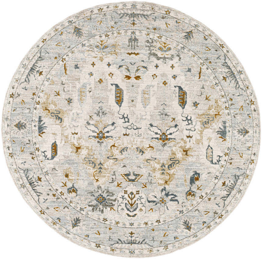 Close-up of round Emile Textured Rug. Farmhouse style rug with floral design in dusty sage, light gray, mustard, and off white. Design-Round-53