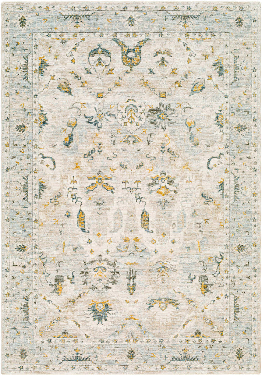 Close-up of the Emile Textured Rug. Traditional floral pattern in dusty sage, light gray, mustard, and off-white hues. Design-Rectangle-575