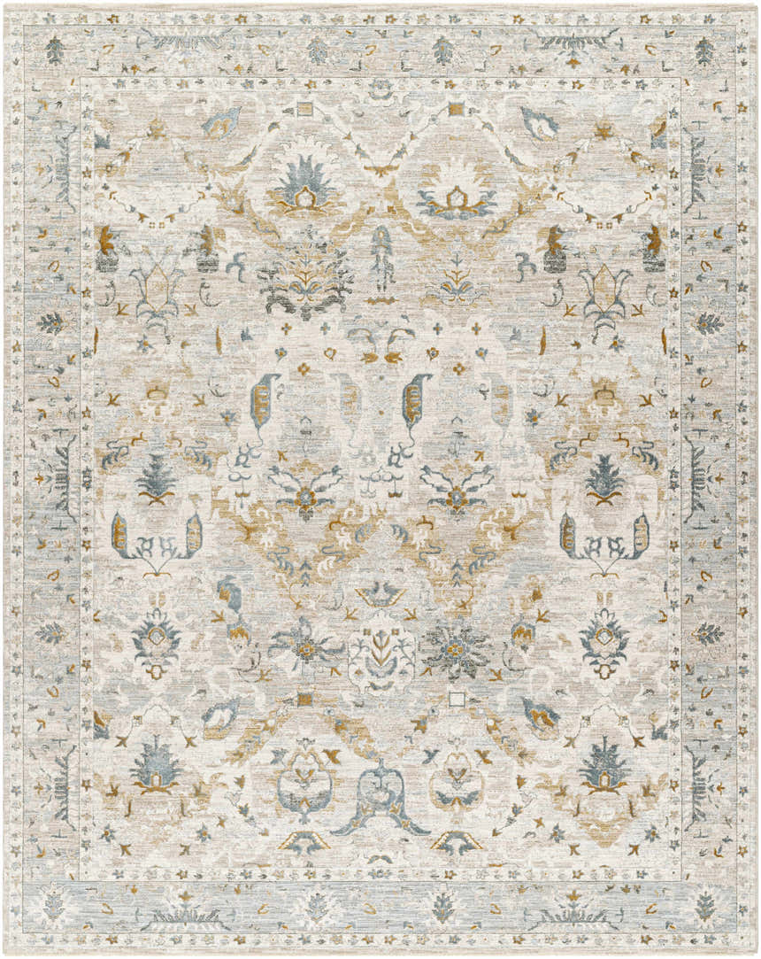 Close-up of Emile Textured Rug with Fringes. Traditional design in dusty sage, light gray, mustard, and off-white hues. Design-Rectangle-710103