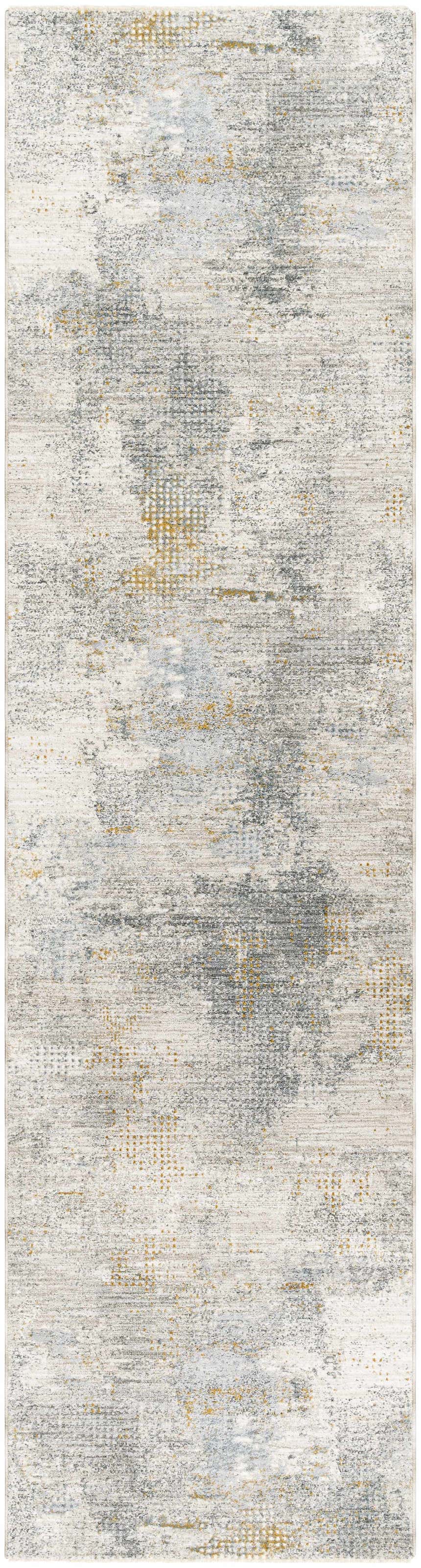 Close-up of the Gryta Textured Rug. Abstract design in dark gray, light gray, and nutmeg hues. Contemporary style. Design-Runner-2710