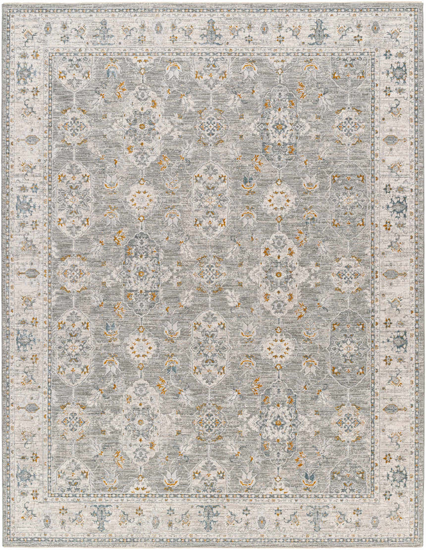 Close-up of the Hafsa Textured Rug. The rug has a traditional gray, light gray, and brown floral pattern. Design-Rectangle