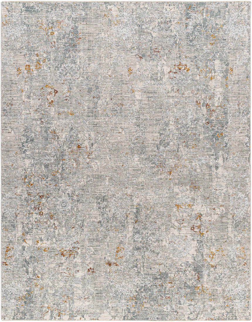 Close-up of the textured Ifama Rug with Fringes. Features a distressed pattern in gray, beige, and brown tones. Design-Rectangle-710103