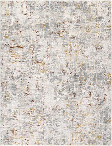 Close-up of the light gray Kasim Textured Rug. Abstract pattern with brown and yellow accents. Machine woven polyester rug. Design-Rectangle-710103
