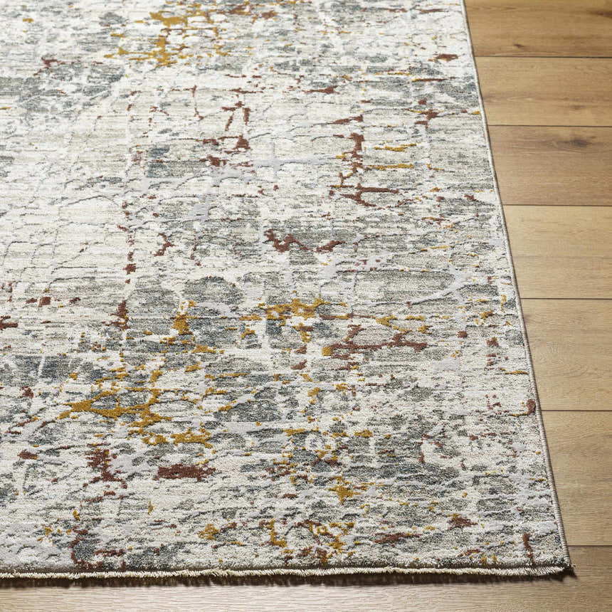 Close up of the light gray Kasim Textured Rug with Fringes, showing its contemporary pattern and soft texture. Front