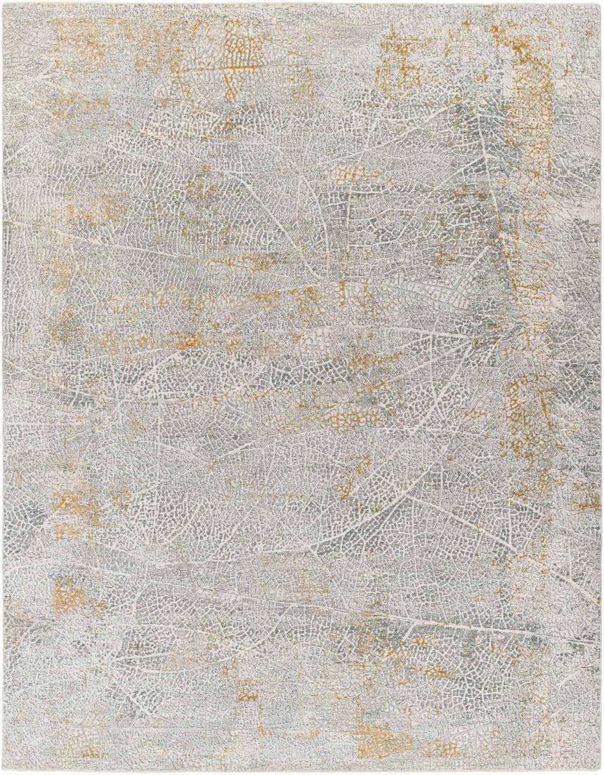 Close-up of the Mila Textured Rug. Features a leaf-like pattern in cloud gray, light gray, and hints of dark beige. Design-Rectangle-710103