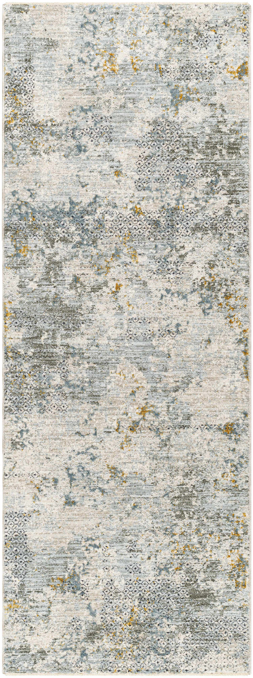 Close-up of Pizi Textured Rug with Fringes. Abstract design in dusty sage, ink blue, light gray, mustard, and off white. Design-Runner-2773