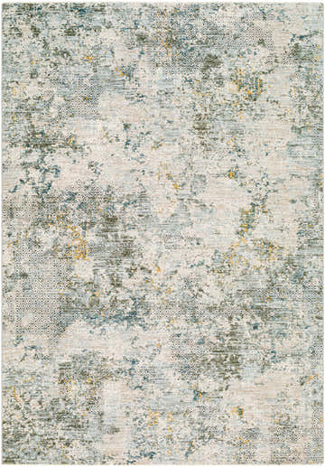 Close-up of the Pizi Textured Rug, featuring a distressed pattern in dusty sage, ink blue, and off-white. Design-Rectangle-575