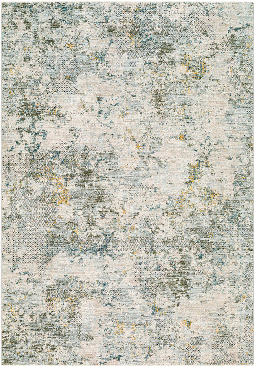 Close-up of the Pizi Textured Rug, featuring a distressed pattern in dusty sage, ink blue, and off-white. Design-Rectangle-575
