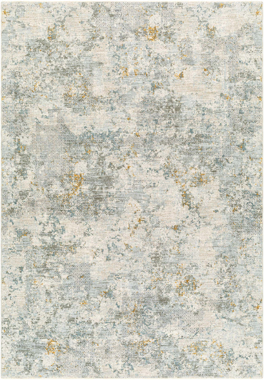 Close-up of the Pizi Textured Rug with Fringes. Contemporary design in dusty sage, ink blue, mustard, and gray hues. Design-Rectangle-6796