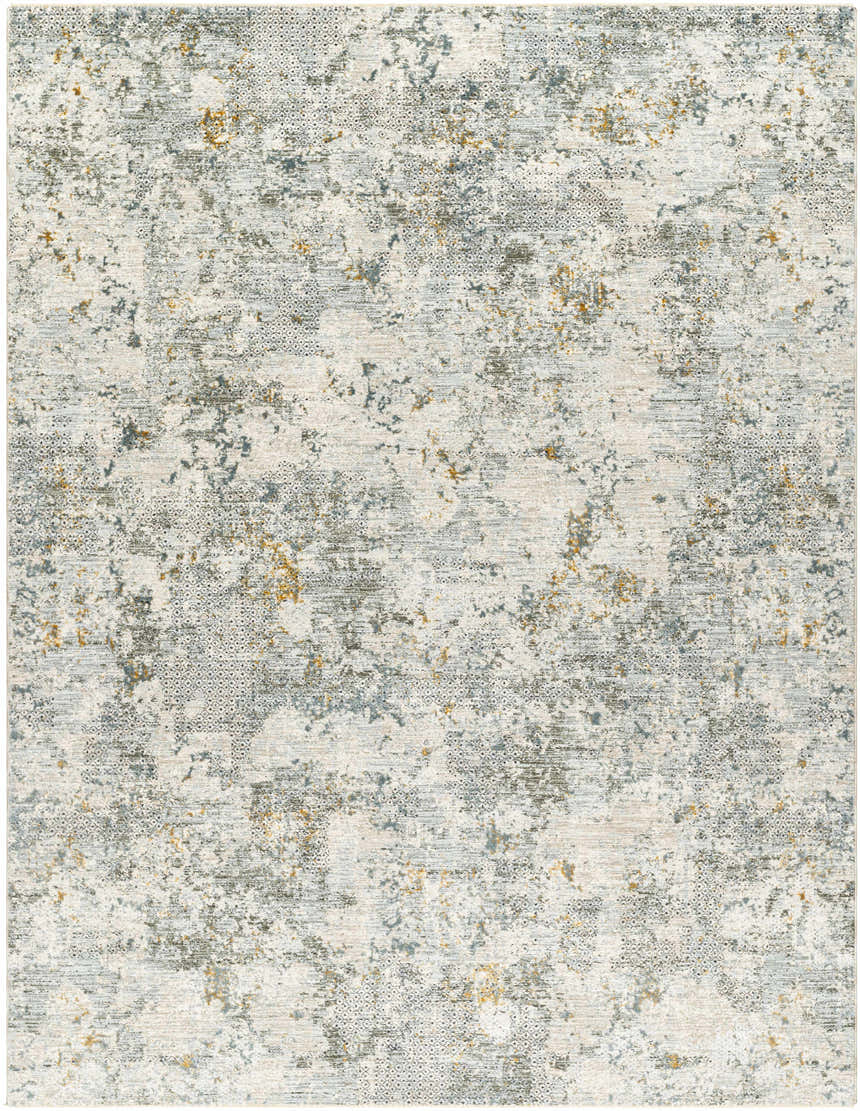 Close-up of the Pizi Textured Rug. Contemporary design in dusty sage, ink blue, mustard, and off-white hues. Design-Rectangle-710103
