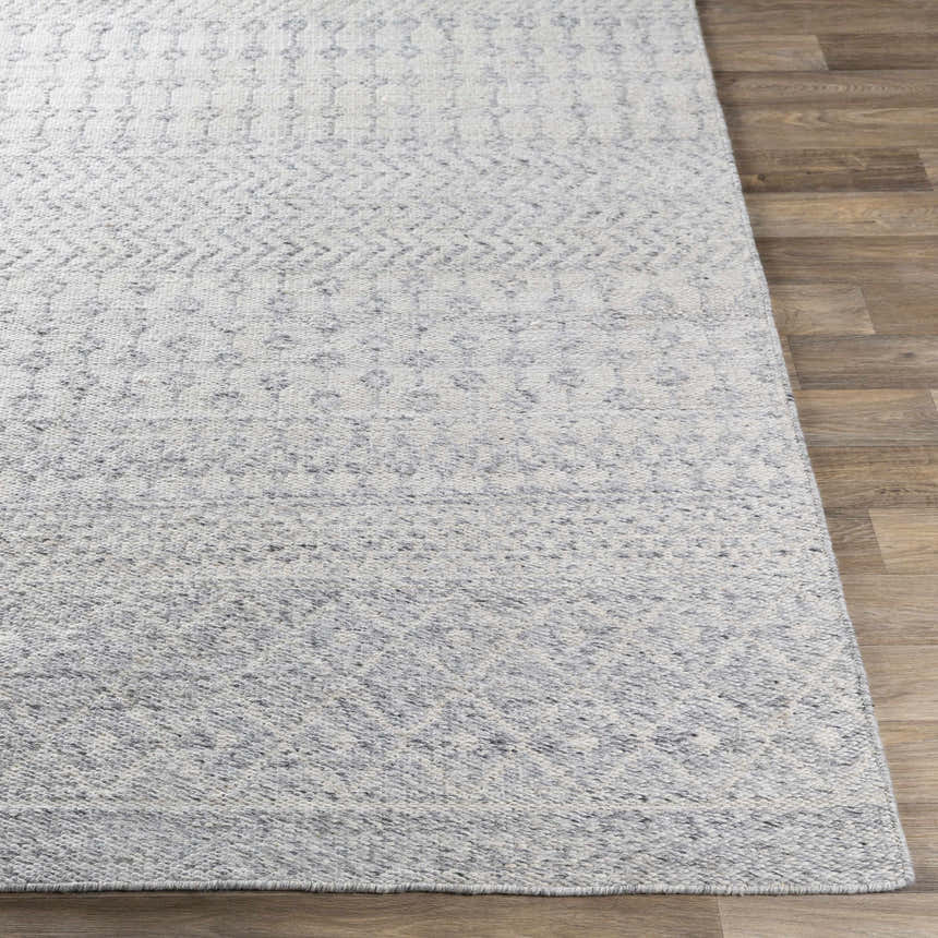 Close up of the hand woven Seafield Indoor Outdoor Rug in gray, off white, and slate blue on wood floor. Front