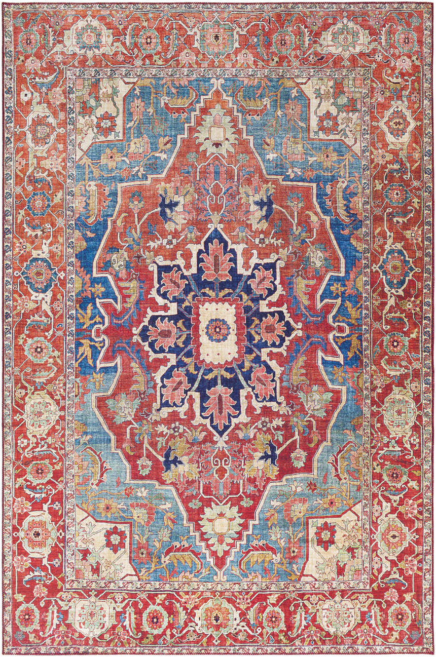 Detailed close-up of the Seattle Area Rug. Traditional design with beige, burnt orange, dark blue, and red floral patterns. Design-Rectangle-576