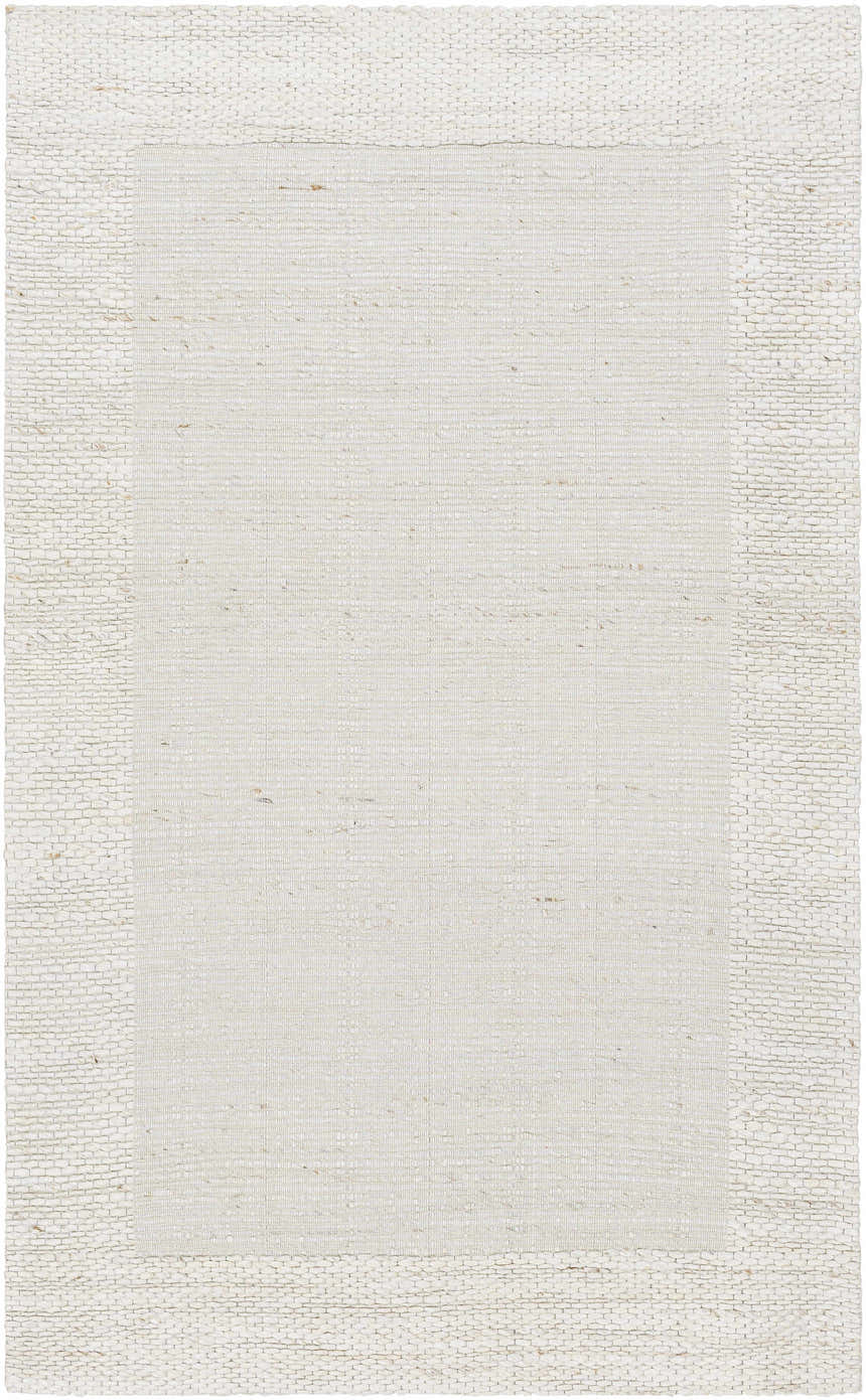 Close-up of the Jojen Off White Jute Area Rug showing the hand woven texture and beige bone colors. Design-Rectangle-576