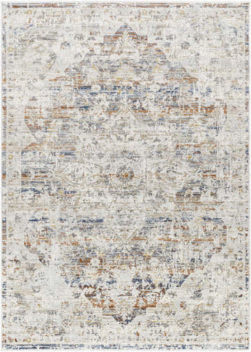Close-up of the Lecea Gray Area Rug. Features a traditional, distressed medallion pattern in light gray, blue, and rust. Design-Rectangle-537