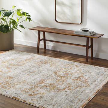Entryway with wood floors, bench, and Lecea Rust Area Rug in beige and bone. Roomscene-Rectangle