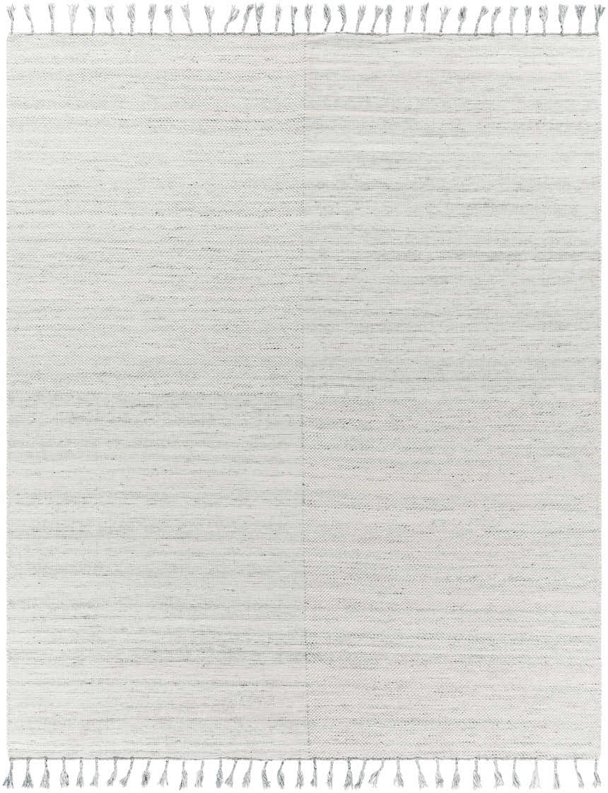 Close-up of the hand woven Anaya Beige & Blue Area Rug, featuring a subtle pattern and fringe detail. Design-Rectangle-810
