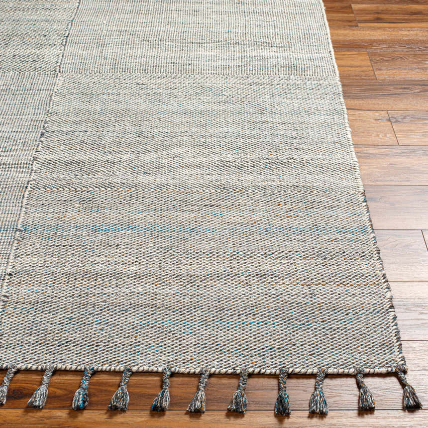 Close-up of the Anaya Beige & Teal Area Rug showing woven texture and tassels on wood floor. Front
