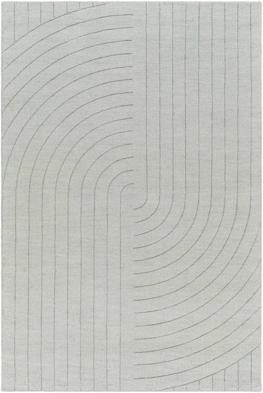 Close-up of the hand-loomed Ayumi Area Rug, showcasing its contemporary gray, silver, and neutral curved and straight line design. Design-Rectangle-576