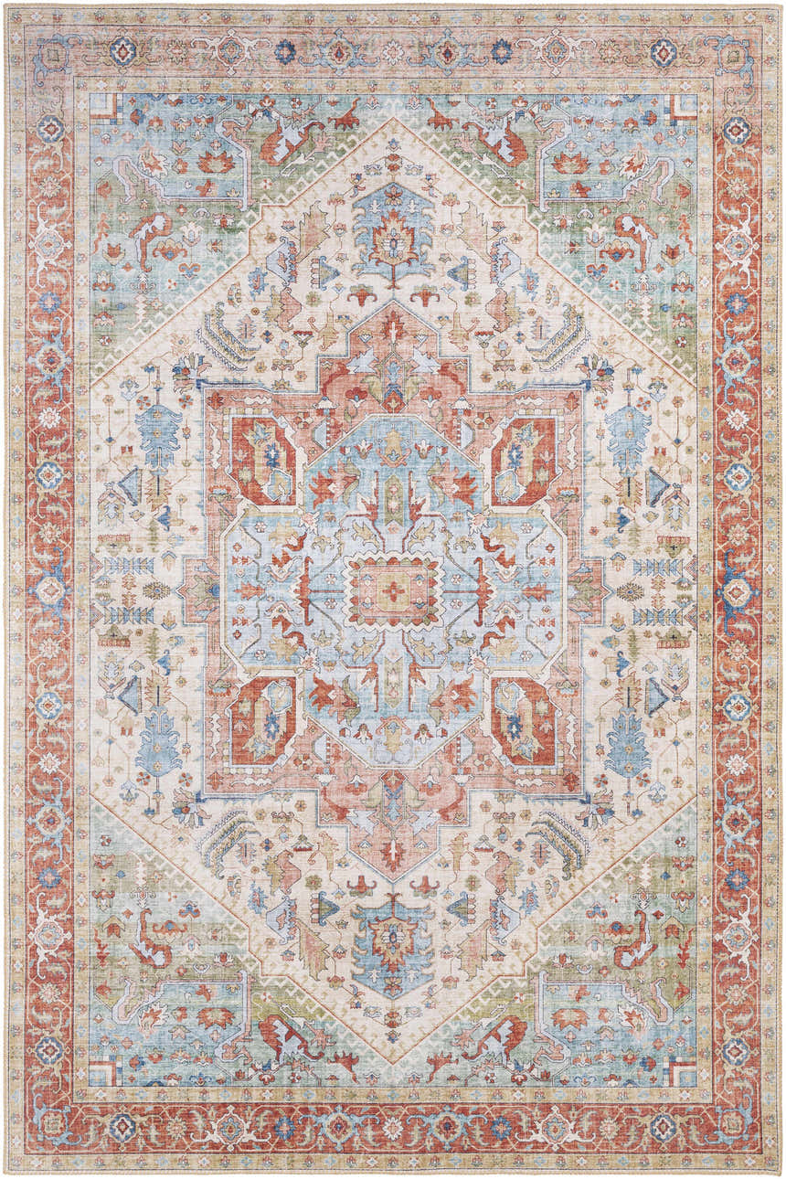 Detailed Selbyville Area Rug with brick red, emerald, ivory, and light blue bohemian-style pattern. Design-Rectangle-576