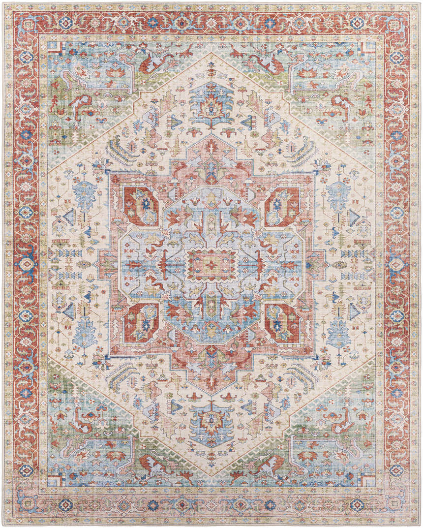 Detailed view of the Selbyville Area Rug, showcasing its brick red, blue, and beige oriental-inspired pattern. Design-Rectangle-7696