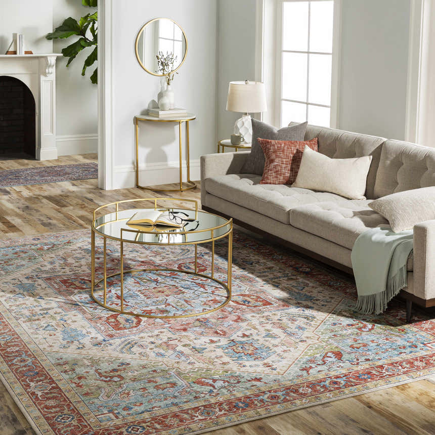 Living room scene with a beige sofa and the colorful Bohemian Selbyville Area Rug. Roomscene-Rectangle
