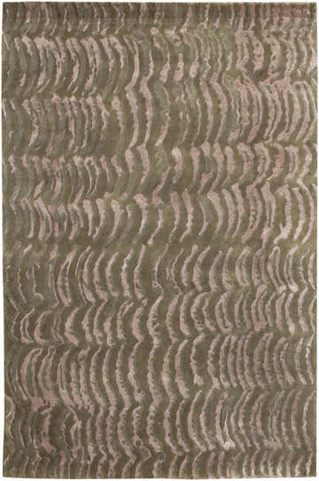 Close-up of the Selma Area Carpet. Hand-knotted wool rug with a contemporary wavy pattern in olive green and blush pink. Design-Rectangle-58