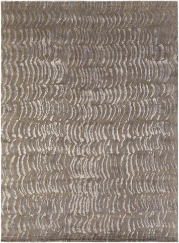 Close-up of the hand-knotted Selma Area Carpet. Contemporary style with a wavy pattern in taupe and gray. 70% NZ Wool. Design-Rectangle-811