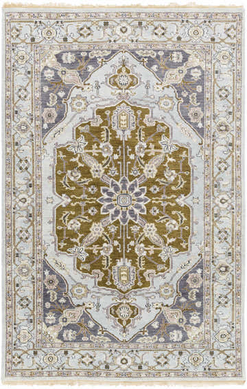 Overhead view of the ivory, olive, and slate Senath Area Rug. Traditional hand-knotted wool rug. Design-Rectangle-5686