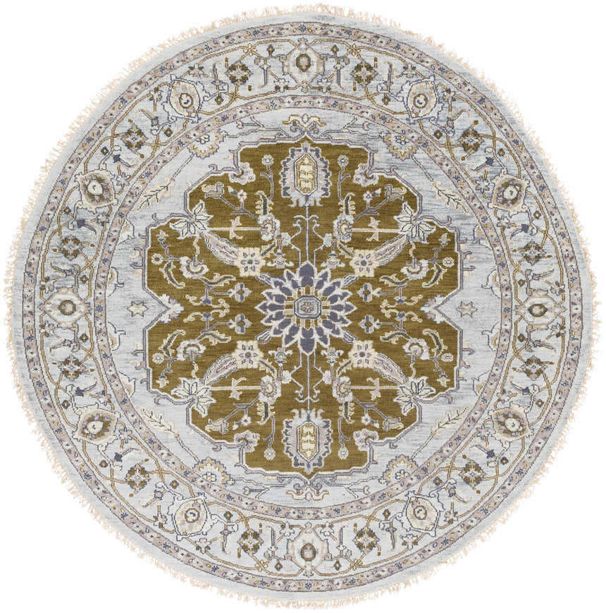 Overhead view of round Senath Area Rug. Ivory, olive, and tan tones with fringe detail. Design-Round-8