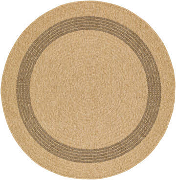 Close-up of round Andie Bordered Faux Jute Rug. Tan rug with a dark brown border. Machine woven texture. Design-Round-53