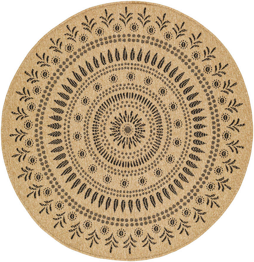 Close-up of the Beata Round Faux Jute Rug. Camel color with a charcoal floral medallion pattern. Farmhouse style. Design-Round-53