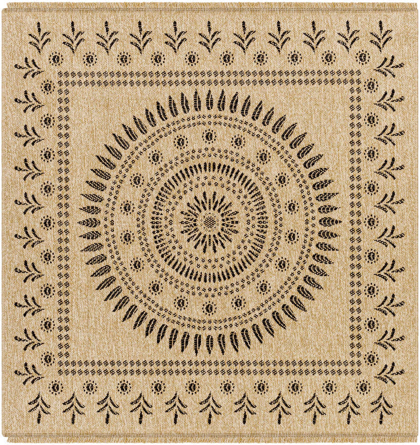 Close-up of the Beata Faux Jute Rug in camel with a black medallion and floral pattern. Farmhouse style. Design-Square-53