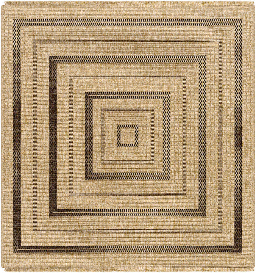 Close-up of the Beril Area Rug. Square rug with a camel and charcoal concentric square pattern. Machine woven polypropylene. Design-Square-53