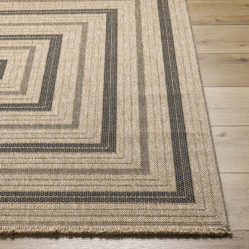 Close-up of Beril Area Rug showing camel and charcoal concentric square pattern and woven texture. Front
