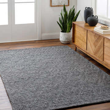 Living room scene with a Kasib Dark Gray hand woven rug, wood floors, and a mid-century modern cabinet. Roomscene-Rectangle