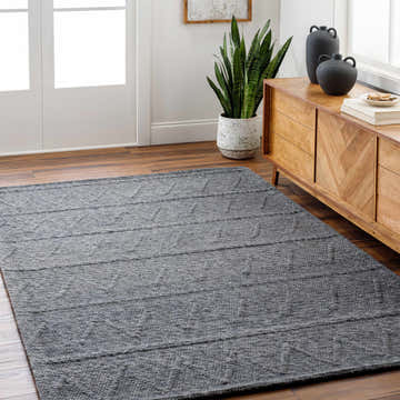Living room scene with a gray Kyung Dark Gray Area Rug, wood floors, and a mid-century modern cabinet. Roomscene-Rectangle