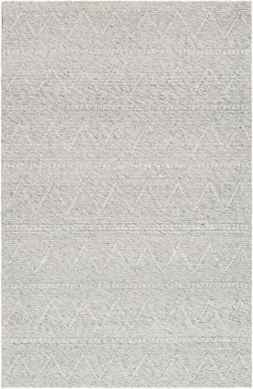 Close-up of the hand-woven Kyung Gray Area Rug showing its light gray color, geometric pattern, and textured wool blend. Design-Rectangle-576