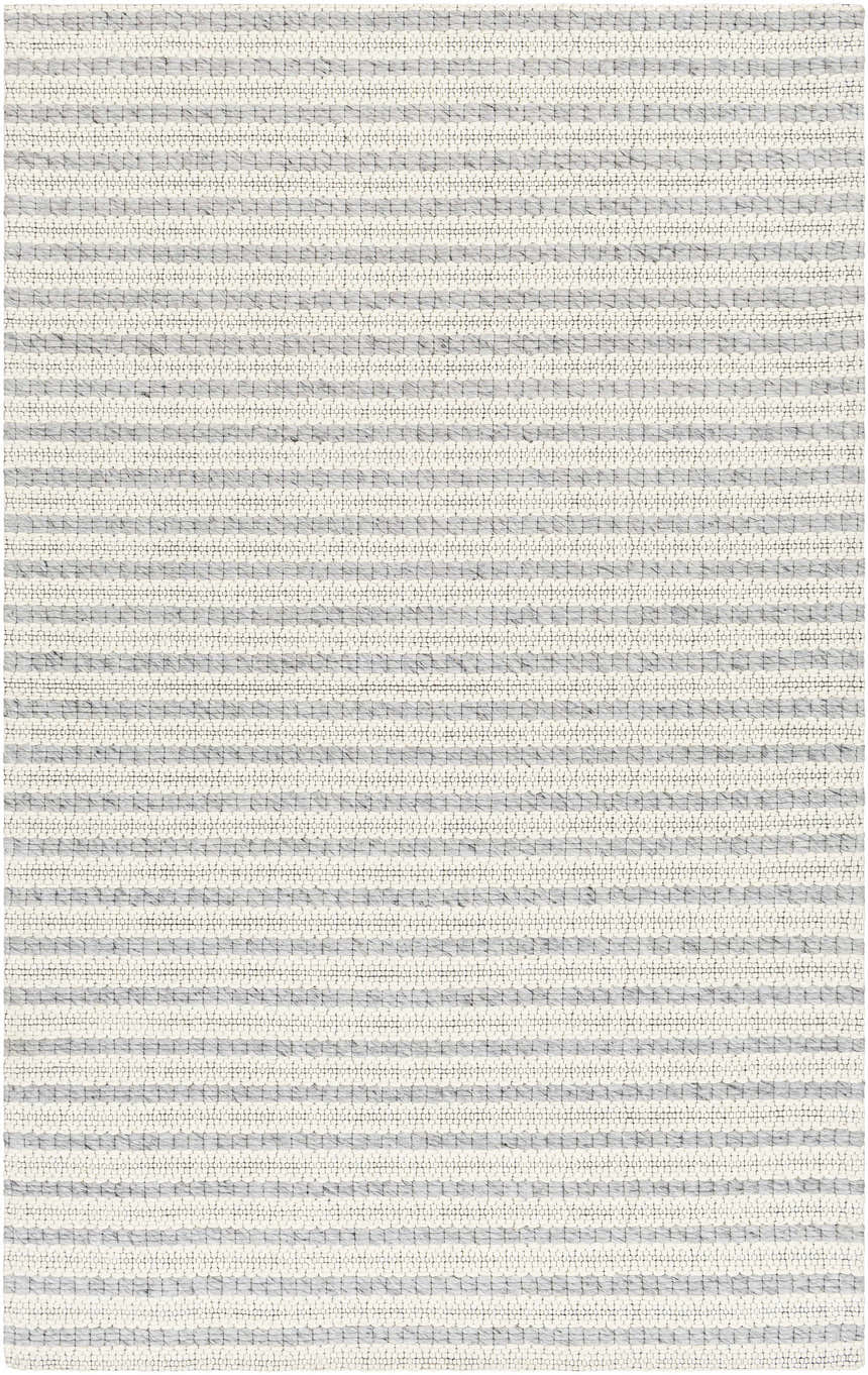 Close-up of the hand woven Laleh Gray Area Rug. Beige and gray striped rug with a farmhouse, traditional style. Design-Rectangle-576