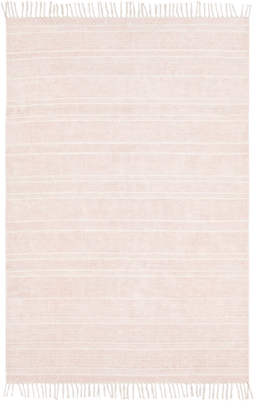 Close-up of the Serena Area Rug. Hand-woven cotton rug in dusty coral and peach with a bohemian striped pattern and fringe. Design-Rectangle-576