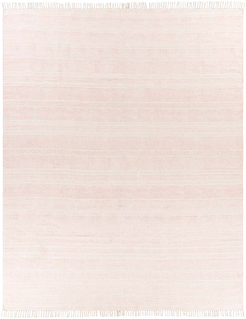 Close-up of the hand-woven Serena Area Rug. Dusty coral and peach cotton rug with bohemian-inspired stripe pattern and fringe. Design-Rectangle-810