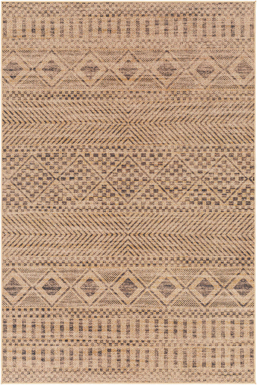 Close-up of Ammar Washable Area Rug. Farmhouse style rug with camel, light brown, and dark brown geometric patterns. Design-Rectangle-58