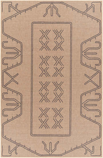 Close-up of the Anuja Washable Jutely Rug. Features a geometric pattern in dark gray on a light brown jute texture. Design-Rectangle-58