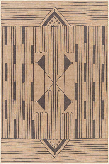 Close-up of the Atle Washable Jutely Rug. Camel jute rug with a geometric pattern in dark brown and off-white. Farmhouse style. Design-Rectangle-58