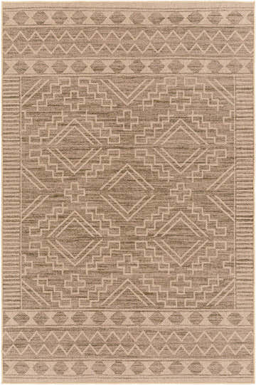 Close-up of the Halle Tan Washable Area Rug. Features a geometric pattern in dark brown, multi brown, and natural jute tones. Design-Rectangle-58
