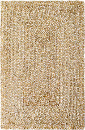 Close-up of the Elkie Beige Jute Area Rug showing its hand-loomed texture and traditional rectangular design. Khaki and tan colors. Design-Rectangle-576